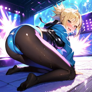 android 18, In a nightclub, (Wearing a tights), Lying on her back on the ground, (Doing glute bridges), hands on the ground, Showing off her body, Exaggerated body curves, dynamic pose, Exuberant and ecstatic expression, full-face blush, drooling, profuse perspiration, masterpiece, best quality, highly detailed, 4k resolution, score_9, scenery