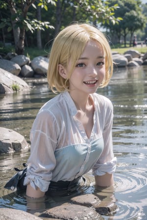 Generate an incredibly detailed 8K Ultra Realistic image featuring an anime-style girl in the real world with yellow hair, laughing joyfully while playing in the clear river surrounded by smooth stones. The character should embody classic anime features, including expressive eyes, a radiant smile, and intricately detailed yellow hair. Pay meticulous attention to achieving a high texture quality for both the character's hair and the flowing water, capturing the nuances of softness and fluidity. Showcase the clarity of the flowing river and the smoothness of the stones with super realistic image quality. Ensure the character's laughter is portrayed with genuine happiness. Create a visually immersive scene with realistic lighting, reflections, and shadows, enhancing the uplifting atmosphere, and delivering an image that stunningly captures the charm of the anime girl with yellow hair enjoying a carefree moment in a clear river in the real world