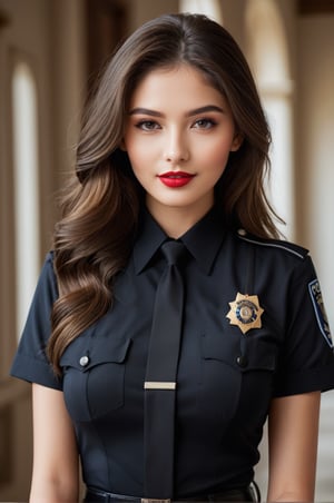 ((25 years old,)), (RAW photo, best quality), (realistic, photo-Realistic:1.1), best quality, masterpiece, beautiful and aesthetic, 16K, high contrast, (vibrant color:1.3), masterpiece, high quality, realistic aesthetic a beautiful girl, supermodel, elegant police black suit uniform, transparent, beautiful face, oval face, makeup, seductive smile, fair skin, big breast, perfect hair, long hair, sexy slim body, Sleek and precise attire, featuring clean lines and intricate details, focused and detailed eyes, a composed and precise expression, defined and bold lips, b4b1