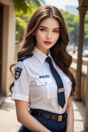 ((25 years old,)), (RAW photo, best quality), (realistic, photo-Realistic:1.1), best quality, masterpiece, beautiful and aesthetic, 16K, high contrast, (vibrant color:1.3), masterpiece, high quality, realistic aesthetic a beautiful girl, supermodel, elegant police uniform, transparent, beautiful face, oval face, makeup, seductive smile, fair skin, big breast, perfect hair, long hair, sexy slim body, Sleek and precise attire, featuring clean lines and intricate details, focused and detailed eyes, a composed and precise expression, defined and bold lips, b4b1