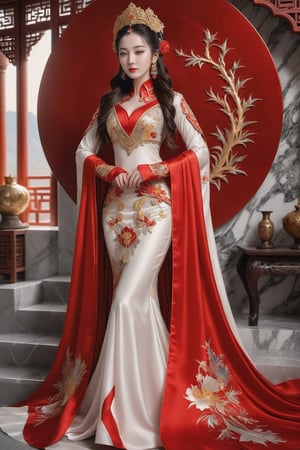 ((Photography)), ((Ultra realisitc)), official art, unity 8k wallpaper, ultra detailed, beautiful and aesthetic, beautiful, masterpiece, best quality, (zentangle, mandala, tangle, entangle:0.4) The artwork features a year 2060 futuristic fantasy chinese empress with the most sumptuous wedding hanfu dress made of (red silk:1.8) and richly embroidered with gold and silver threads, intricately carved golden badges and tassels, very large sleeves, golden jewels, along with an assortment of different floral patterns spread throughout. Finely intricated magic circles, (Intricately carved marble background:1.8). (woman, very long hair, full body shot, majestic pose ) ((Most beautiful Dilireba)), ,elegant,Dilireba