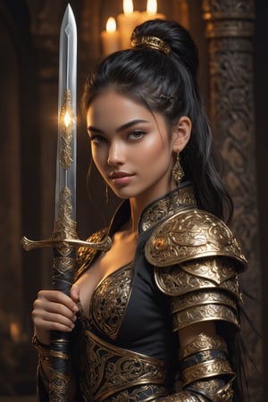 ((full body view.)), ((A pretty girl, 22yo, Brazilian supermodel, beautiful face,)), seductive smile, ponytail long black hair, perfect body, ultra detailed, ultra Realistic fantasy,
An intricate scene of an ancient sword in pristine condition, with a vibrant, golden hilt and a set of intricate, ornate engravings. The blade is beautifully polished and the hilt and guard are intricately detailed, depicting intricate designs and fletches. The room is filled with the warm glow of the fire, casting a warm, magical glow on the scene. wide aperture, soft lighting, deep depth of field