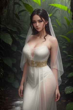  (masterpiece, RAW, 32K, UHD, hyper realistic, best quality), (masterpiece, top quality, best quality, official art, beautiful and aesthetic:1.2), hdr, high contrast, wideshot,, a mystical lady getting wet in the middle of rainforest, raining heavily, makeup washed away by the rain water,Veil, sexy transparent dress,