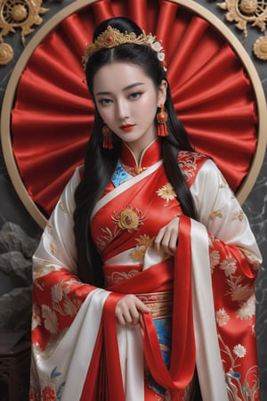 ((Photography)), ((Ultra realisitc)), official art, unity 8k wallpaper, ultra detailed, beautiful and aesthetic, beautiful, masterpiece, best quality, (zentangle, mandala, tangle, entangle:0.4) The artwork features a futuristic fantasy chinese empress with the most sumptuous wedding hanfu dress made of (red silk:1.8) and richly embroidered with gold and silver threads, intricately carved golden badges and tassels, very large sleeves, golden jewels, along with an assortment of different floral patterns spread throughout. Finely intricated magic circles, (Intricately carved marble background:1.8). (woman, very long hair, black hair, full body shot, majestic pose ) ((Most beautiful Diliraba Dilmurat)), ,horror,Dilireba