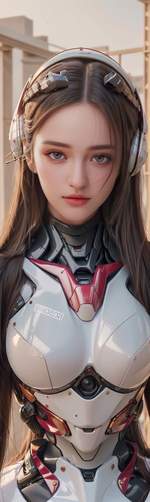 ((masterpiece, best quality)), beautiful young girl,Jennifer Connelly, pink sci-fi mecha, sexy,curvy body,detailed face, sexy red lips, beautiful make up, sweet smile, perfect eyes,detailed hands, long hair, light background,mix of fantasy and realistic elements,,uhd picture , crystal translucency, happiness, front the viewer, looking at viewer, 