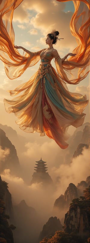 Score_9, score_8_up, score_7_up, big close up, A majestic masterpiece! An Ancient Chinese Goddess descends from the sky in an elegant dance pose, her flowing rainbow dunhuang dress adorned with intricate gold embroidery and sparkling jewelry, shimmering in soft golden light. The fisheye lens captures the grandeur of her movement as she stretches out her hands, against a vibrant cloudscape with the ancient palace rising from the foggy horizon, like a palace in the sky, with high contrast and subtle grayscale tones. Movie special effects style.