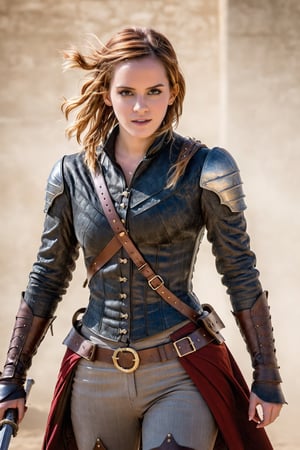 mosst beautiful woman (Emma Watson), redish hair with an elaborate long side braid wearing ancient and modern leather armor, with some hitech features, very intricated, noble and precious armor, a knight's sword in her hands, battlements of a medieval castle, light gray, misty background Super detailed, photographic realistic masterpiece 4K HDR quality image,action shot,skswoman,EmmaWatson