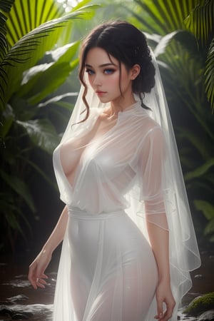  (masterpiece, RAW, 32K, UHD, hyper realistic, best quality), (masterpiece, top quality, best quality, official art, beautiful and aesthetic:1.2), hdr, high contrast, wideshot,, a mystical lady getting wet in the middle of rainforest, raining heavily, makeup washed away by the rain water,Veil, sexy transparent dress, see-through, transparent clothes,