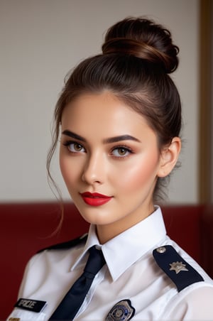 ((25 years old,)), (RAW photo, best quality), (realistic, photo-Realistic:1.1), best quality, masterpiece, beautiful and aesthetic, 16K, high contrast, (vibrant color:1.3), masterpiece, high quality, realistic aesthetic a beautiful girl, supermodel, elegant police uniform, transparent, beautiful face, oval face, makeup, seductive smile, fair skin, big breast, perfect hair, messy bun hair, sexy slim body, Sleek and precise attire, featuring clean lines and intricate details, focused and detailed eyes, a composed and precise expression, defined and bold lips, b4b1