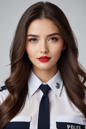 ((25 years old,)), (RAW photo, best quality), (realistic, photo-Realistic:1.1), best quality, masterpiece, beautiful and aesthetic, 16K, high contrast, (vibrant color:1.3), masterpiece, high quality, realistic aesthetic a beautiful girl, supermodel, police uniform, transparent, beautiful face, oval face, makeup, seductive smile, fair skin, big breast, perfect hair, long hair, sexy slim body, Sleek and precise attire, featuring clean lines and intricate details, focused and detailed eyes, a composed and precise expression, defined and bold lips, b4b1