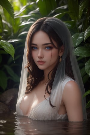  (masterpiece, RAW, 32K, UHD, hyper realistic, best quality), (masterpiece, top quality, best quality, official art, beautiful and aesthetic:1.2), hdr, high contrast, wideshot, Best quality, masterpiece, meticulous detail, realistic, 8k, hi-res, RAW photo, photorealistic, a mystical lady getting wet in the middle of rainforest, raining heavily, makeup washed away by the rain water,Veil