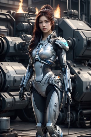 RAW photo,  best quality,  photo realistic,  master piece,  1girl,  solo, most beautiful Star Craft Character ((Sarah Kerrigan)), 21 years old,  adorable,  innocent look, (inspired by Star Craft II game),
(((sexy girl’s body))),  (((petite body))),  medium breasts,  slim body,

Full body, front view,
tense,  Stern face, angry, tight lip,
looking at viewer,


Standing in nuclear power plant industrial complex under blue sky with fire and smoke in the background,

Long ponytail hair,  tidy hair, (Red hair),

Wearing white mecha space armor suit, full armor, Mecha body,mecha, 
skintight biomech exo suit,xxmix_girl,novastarcraft,Masterpiece