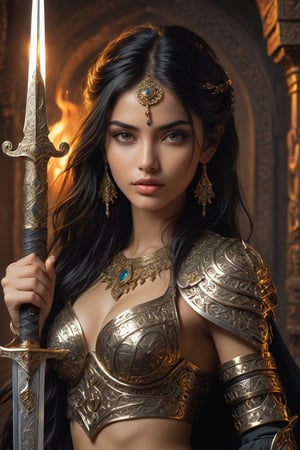 ((full body view.)), ((A pretty girl, 22yo, Middle East supermodel, beautiful face,)), long black hair, perfect body, ultra detailed, ultra Realistic fantasy,
An intricate scene of an ancient sword in pristine condition, with a vibrant, golden hilt and a set of intricate, ornate engravings. The blade is beautifully polished and the hilt and guard are intricately detailed, depicting intricate designs and fletches. The room is filled with the warm glow of the fire, casting a warm, magical glow on the scene. wide aperture, soft lighting, deep depth of field