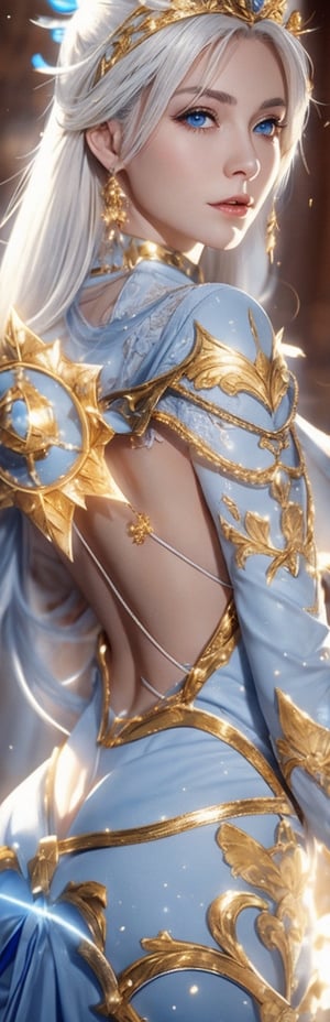 best quality, high resolution, 8k, realistic, sharp focus, ultra realistic, photorealistic image of a graceful white haired lady, blue eyes, this lady wearing golden armor with golden magical bell in her possesion, shiny skin, ice theme, huoshen, zhurongshi, huoshen, blurry_light_background, EpicSky,1 girl, sexy