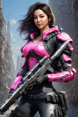 (photorealistic, raw photo), full body, expressive caricature in Pixar style, unreal, mischievous, (Beautiful Dilireba, beautiful supermodel, black long hair, starcraft II Terran Ghost sniper, holding sniper rifle, wearing silver and pink fluorescent armor), on the city street, dynamic pose, cartoon art, trending style on artstation, sharp focus, studio photography, intricate details, very detailed, by Greg Rutkowski, sharp focus, depth of field, unreal engine, perfect composition, digital art on Pixiv Fanbox, art station, 8k, hdr,Dilireba