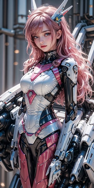 Best picture quality, high resolution, 8k, realistic, sharp focus, realistic image of elegant lady, Korean beauty, fashion model, beautiful face, cute, futuristic head gear, futuristic vr glasses, happy smile, pure white pink hair, blue eyes, wearing high-tech cyberpunk style red Batgirl suit, radiant Glow, sparkling suit, mecha, perfectly customized high-tech suit, fire theme, custom design, 1 girl,swordup, looking at viewer,alluring_lolita_girl
