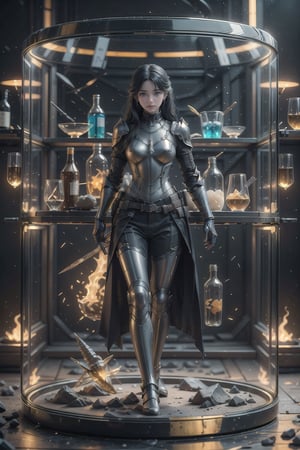 The 3D printer prints a work (Full body). The work is a Xuer Plate Armor girl who is using a smaller 3D printer to print her own mini clone. black, white, metalic golden color. (long black hair), There are some cool accessories around it, creating a fashionable and magical atmosphere. The parts of the 3D printer are very complete and clear, with transparent glass on all sides and a neon effect on the frame. Combined with the display effect of 3D holographic projection, KnollingCaseQuiron style,xuer plate armor