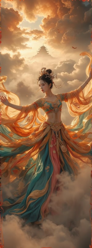 Score_9, score_8_up, score_7_up, (((big close up))), A majestic masterpiece! An Ancient Chinese Goddess descends from the sky in an elegant dance pose, her flowing rainbow dunhuang dress adorned with intricate gold embroidery and sparkling jewelry, shimmering in soft golden light. The fisheye lens captures the grandeur of her movement as she stretches out her hands, against a vibrant cloudscape with the ancient palace rising from the foggy horizon, like a palace in the sky, with high contrast and subtle grayscale tones. Movie special effects style.