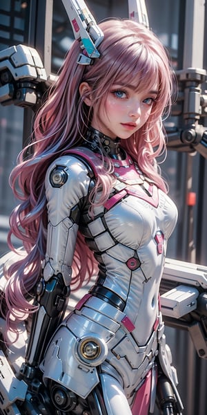 Best picture quality, high resolution, 8k, realistic, sharp focus, realistic image of elegant lady, Korean beauty, fashion model, beautiful face, cute, futuristic head gear, futuristic smart AI glasses, happy smile, pure white pink hair, blue eyes, wearing high-tech cyberpunk style red Batgirl suit, radiant Glow, sparkling suit, mecha, perfectly customized high-tech suit, fire theme, custom design, 1 girl,swordup, looking at viewer,alluring_lolita_girl