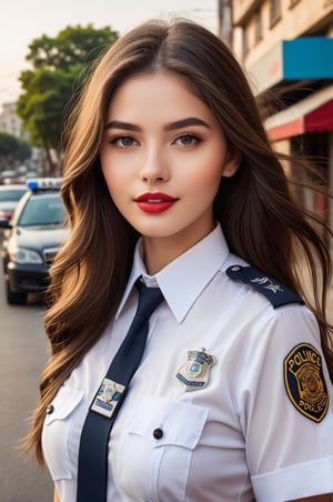 ((25 years old,)), (RAW photo, best quality), (realistic, photo-Realistic:1.1), best quality, masterpiece, beautiful and aesthetic, 16K, high contrast, (vibrant color:1.3), masterpiece, high quality, realistic aesthetic a beautiful girl, supermodel, police uniform, transparent, beautiful face, oval face, makeup, seductive smile, fair skin, big breast, perfect hair, long hair, sexy slim body, Sleek and precise attire, featuring clean lines and intricate details, focused and detailed eyes, a composed and precise expression, defined and bold lips, b4b1