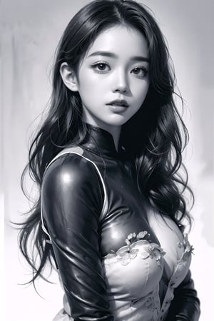 a 17-years-old ethereal and breathtakingly glamorous korean idol (Beautiful supermodel), perfect model body, medium breast, brown eyes, brown long hair, intense eye makeup, balayage hair, gloves, orange-black two-tones combat suit, mesmerizing beautiful face, pencil sketch, cowboy shot, IncrsNikkeProfile,  zoom layer, monochrome, greyscale.
,background,scenery
,CrclWc,CuteSt1,WtrClr,masterpiece,best quality