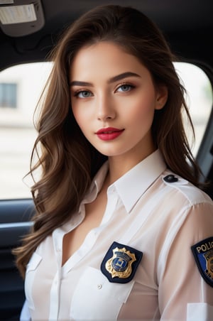 ((25 years old,)), (RAW photo, best quality), (realistic, photo-Realistic:1.1), best quality, masterpiece, beautiful and aesthetic, 16K, high contrast, (vibrant color:1.3), masterpiece, high quality, realistic aesthetic a beautiful girl, supermodel, elegant police suit, transparent, beautiful face, oval face, makeup, seductive smile, fair skin, medium breast, perfect hair, long hair, sexy slim body, Sleek and precise attire, featuring clean lines and intricate details, focused and detailed eyes, a composed and precise expression, defined and bold lips, b4b1