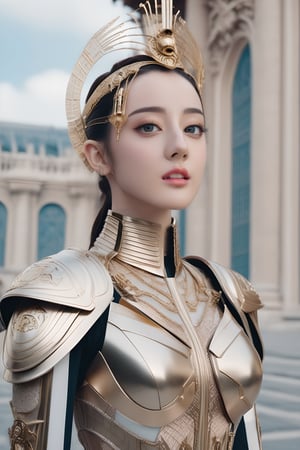 Sci-Fi. Dilraba Dilmurat is a human being, a 28-year-old woman, most beautiful, long straight updo hair, deep blue eyes. Detailed face, detailed hair, makeup, Perfect body build. She wears futuristic and highly cybernetic armor. Pink color, golden elements engraved. In the background the magnificent Imperial France architecture.