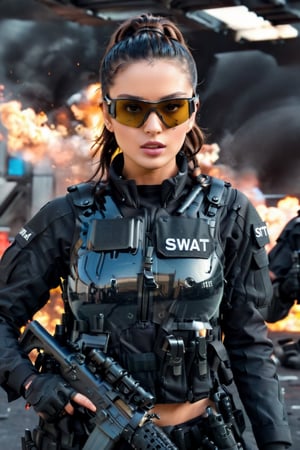 ((an Swat commander)) ((Most beautiful Mexican mix woman, most gorgeous, smart, hot, make up, seductive eyes, brown eyes, sexy lips, detailed black hair, updo ponytail)) ((wearing a black swat bullet proof armor jacket, futuristic smart communication talkie, futuristic smart AI digital transmission glasses, full heavy armor face mask, police swat badge on left chest)) , standing near a black swat car, carrying a AI rifle on her shoulder, breaching in crime scene, enemies attack, Firing, ((full body)), (from below):1.13, wide shot, futuristic Swat theme,aesthetic portrait,Extremely Realistic
((photorealistic, masterpiece, 8k)), extreme detailed, cinematic shot, realistic ilustration, ,mw