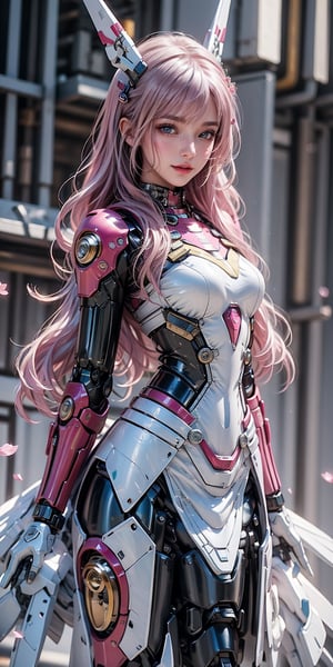 Best picture quality, high resolution, 8k, realistic, sharp focus, realistic image of elegant lady, Korean beauty, fashion model, beautiful face, cute, futuristic head gear, futuristic smart glasses, happy smile, pure white pink hair, blue eyes, wearing high-tech cyberpunk style red Batgirl suit, radiant Glow, sparkling suit, mecha, perfectly customized high-tech suit, fire theme, custom design, 1 girl,swordup, looking at viewer,alluring_lolita_girl