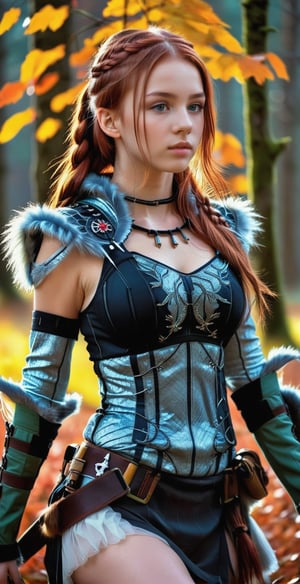 A bright girl with an ultra-realistic body, with very long straight red hair, single braid, an ultra-realistic 30-year-old girl (European Supermodel, Beautiful face, elegant, sexy) on the grass in full growth, an autumn mysterious, fabulous forest, fantastic beauty. she is wearing an archer's Kirin heavy armor, metalic bra top, a cute gentle look, an ultra-detailed fabulous image in 8K resolution, translucent and unearthly, a bioluminescent forest is visible, a front view of a girl with beautiful natural breasts and a hairy red pubis