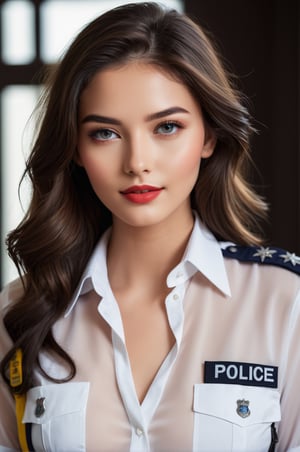 ((25 years old,)), (RAW photo, best quality), (realistic, photo-Realistic:1.1), best quality, masterpiece, beautiful and aesthetic, 16K, high contrast, (vibrant color:1.3), masterpiece, high quality, realistic aesthetic a beautiful girl, supermodel, elegant police suit, transparent, beautiful face, oval face, makeup, seductive smile, fair skin, medium breast, perfect hair, long hair, sexy slim body, Sleek and precise attire, featuring clean lines and intricate details, focused and detailed eyes, a composed and precise expression, defined and bold lips, b4b1