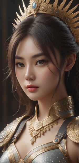 (masterpiece, top quality, best quality, official art, beautiful and aesthetic:1.2), (Facing viewer), Beautiful extreme close-up portrait painting of perfect female Ancient warrior, 1girl,craft a Hyper-realistic portrayal of a futuristic girl (beautiful supermodel), elegant character donned in intricate heavy golden armor, battle god full armor suit, detailed engraved armor, dynamic pose, battle stance, Meticulous details capture the intense fusion of tradition and innovation in this visually stunning composition, Trending on Artstation.,glitter,korean girl,b3rli