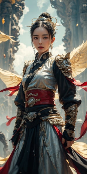 (Photorealistic, RAW, 16K, Masterpiece, UHD), full body, splash-ink tai chi illustration, yin yang illustration, Chinese Wuxia (real Dilraba Dilmurat), Fighting Stance pose, sword weapon, dramatic angle,(fluttered detailed ink splashs), (illustration),(((1 girl))),(long hair), (Beautiful face), ,(rain:0.6),((expressionless ,Carmine hair ornament:1.4)),(There is a heaven palace far away from the girl),chinese wuxia silk clothes,((focus on the girl)), color Ink wash painting,(ink splashing),(Huaqing splashing),((colorful)),[sketch],best quality, beautifully painted,highly detailed,(denoising:0.7),[splash ink],yin yang, tai chi, perfect hand, perfect fingers, beautiful eyes,