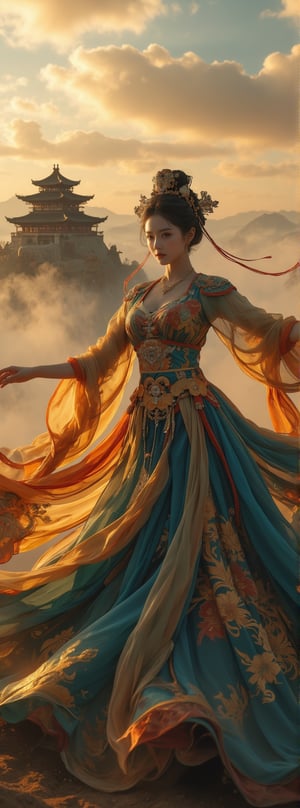 Score_9, score_8_up, score_7_up, (close up), A majestic masterpiece! An Ancient Chinese Goddess descends from the sky in an elegant dance pose, her flowing rainbow dunhuang dress adorned with intricate gold embroidery and sparkling jewelry, shimmering in soft golden light. The fisheye lens captures the grandeur of her movement as she stretches out her hands, against a vibrant cloudscape with the ancient palace rising from the foggy horizon, like a palace in the sky, with high contrast and subtle grayscale tones. Movie special effects style.