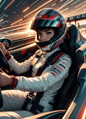 (((masterpiece))), (((Photography))), (((Ultrarealistic))), (((best quality))), ((Front view)), (((driving a formula racing))), ((fingers on steering wheel)), ((high speed racing)), sitting on driver's seat, sharp eyes, determined, ((helmet)), ((red Sci-fi uniform)), (((speed lines))), ((electric current)), ((spiral wind)), ((neon lights)), ((spark)), solo, 1girl, most beautiful, big tits, sweat, slim figure, lora:girllikeformularacing:1, 