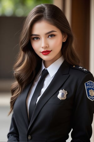 ((25 years old,)), (RAW photo, best quality), (realistic, photo-Realistic:1.1), best quality, masterpiece, beautiful and aesthetic, 16K, high contrast, (vibrant color:1.3), masterpiece, high quality, realistic aesthetic a beautiful girl, supermodel, elegant police black suit uniform, transparent, beautiful face, oval face, makeup, seductive smile, fair skin, big breast, perfect hair, long hair, sexy slim body, Sleek and precise attire, featuring clean lines and intricate details, focused and detailed eyes, a composed and precise expression, defined and bold lips, b4b1