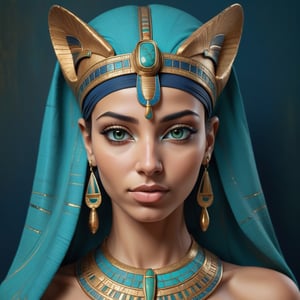 creates an Egyptian woman, portrait with rendered details in colors turquoise, dark blue, gold, green. High image quality   y 