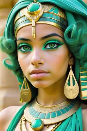 Egyptian girl. In colors green, turquoise, gold realistic photography with attention to detail