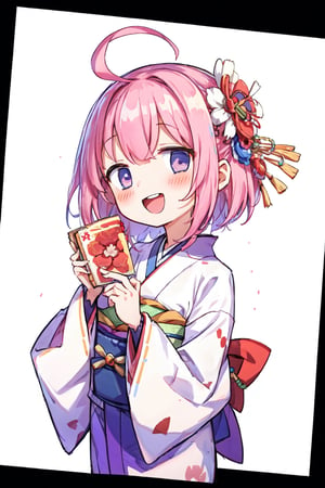 masterpiece, best quality, ultra-detailed, 1girl, :d, ahoge, bangs, pink flower, pink kimono, blush, braid, egasumi, flower, hair flower, hair ornament, hands up, japanese clothes, kimono, long sleeves, looking at viewer, obi, open mouth, pecorine, sash, sleeves past wrists, smile, solo, teeth, upper body, wide sleeves ,yui