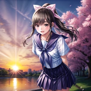 masterpiece, best quality, highres, 4k, wallpaper, 1girl, solo_female, long hair, ponytail, hair bow is white, detailed hair, collarbone, serafuku, white shirt, short sleeves, sailor collar, blue neckerchief, pleated skirt, blue skirt, arms behind back, standing, side_view, cherry blossoms, windy, skirt up, leaning forward, smile, open mouth, outdoors, riverside, detailed skin, Detailedface, Color Booster, aamanaka, detailed_background, lens_flare, depth_of_field, afternoon, sunset, vivid color, beautiful eyes,perfect eyes, detailed skin, detailed hands, perfect light, beautiful colors,
