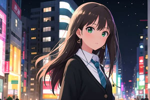 //Quality,
(masterpiece), (best quality), 8k illustration, wallpaper, anime_style
,//Character,
1girl, solo
,//Fashion,
,//Background,
buildings, city, outdoors, sidewalk, japanese city, shibuya, night, nighttime, detailed_background, depth_of_field, lens flare, misty, foggy, perfect lighting, ((blur background))
,//Others,
long_hair, black_hair, green_eyes, bangs, earrings, necklace, necktie, collared shirt,black cardigan, long sleeves, upper body, portrait, bush, looking at viewer, beautiful lighting, light on face, akane, facing the light, masterpiece, dark, fingernails, close-up, pastelbg, dynamic_pose, 