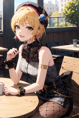 masterpiece, best quality, highres, hmfre, blonde hair, braid, beret, black headwear, earrings, armlet, plaid, bare shoulders, black bow, black dress, wrist cuffs, bracelet, belt, fishnet pantyhose, idolmaster cinderella girls, coffee, cafe, sitting, table, window, smile, detailed_background, complex_background , sunshine, sunlight, depth_of_field, lens_flare,hmfre,purple headwear