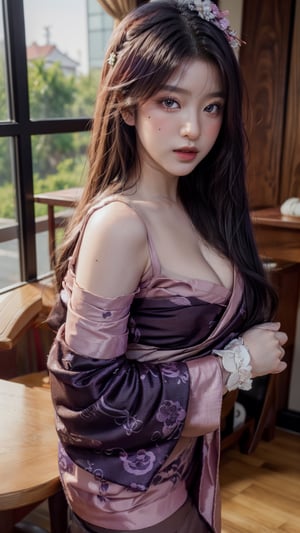 masterpiece, best quality, detailed Face, 1girl, (ulzzang-6500:0.75), Large breasts, solo, Sexy Cleavage, kimono, bangs, sash, mole, obi, tassel, blush, (purple eyes), japanese clothes, long hair, looking at viewer, (hair ornament), purple hair, ((bridal gauntlets)), closed mouth, photogenic, (purple kimono), blue hair, mole under eye, shoulder armor, (long sleeves), (wide sleeves), mitsudomoe (shape), tomoe (symbol), (Cropped Leg Shot), Sexy Thick Legs, Pantyhose, (Perfectly Drawn Hands), (Close up Portrait), photorealistic,ultra detailed, indoor, side window, table,zyozyo,ti4r4