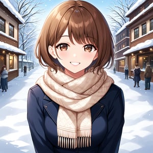 Beautiful and delicate light, (beautiful and delicate eyes), pale skin, big smile, (brown eyes), (brow short hair), dreamy, medium chest , woman 1,  bangs, soft expression,shyness, skirt, winter down parka, scarf, snowy street, score_6,lovely smile