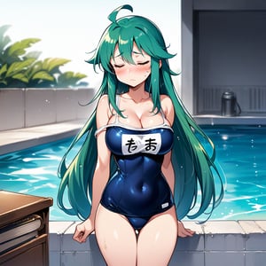 1girl, solo, long hair, breasts, blush, bangs, large breasts, cleavage, hair between eyes, very long hair, closed mouth, collarbone, swimsuit, closed eyes, ahoge, cowboy shot, green hair, water, sweatdrop, one-piece swimsuit, book, aqua hair, covered navel, school swimsuit, blue one-piece swimsuit, name tag, pool, one-piece swimsuit pull