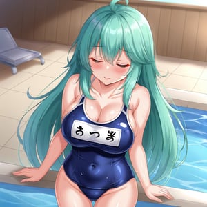 1girl, solo, long hair, breasts, blush, bangs, large breasts, cleavage, hair between eyes, very long hair, closed mouth, collarbone, swimsuit, closed eyes, ahoge, cowboy shot, green hair, water, sweatdrop, one-piece swimsuit, book, aqua hair, covered navel, school swimsuit, blue one-piece swimsuit, name tag, pool, one-piece swimsuit pull