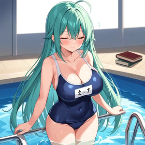 1girl, solo, long hair, breasts, blush, bangs, large breasts, cleavage, hair between eyes, very long hair, closed mouth, collarbone, swimsuit, closed eyes, ahoge, cowboy shot, green hair, water, sweatdrop, one-piece swimsuit, book, aqua hair, covered navel, school swimsuit, blue one-piece swimsuit, name tag, pool, one-piece swimsuit pull