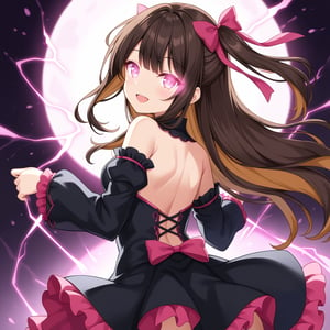 1girl, solo, long hair, looking at viewer, smile, open mouth, brown hair, black hair, ribbon, hair ribbon, multicolored hair, looking back, pink eyes, from behind, glowing, glowing eyes, pink ribbon