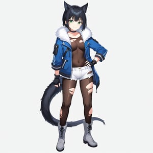 1girl, solo, looking at viewer, smile, short hair, bangs, simple background, black hair, gloves, long sleeves, closed mouth, green eyes, standing, jacket, tail, full body, pantyhose, boots, shorts, choker, black gloves, fingerless gloves, open jacket, hand on hip, torn clothes, fur trim, black choker, black shorts, blue jacket, bodystocking, torn pantyhose, grey footwear