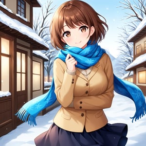 Beautiful and delicate light, (beautiful and delicate eyes), pale skin, big smile, (brown eyes), (brow short hair), dreamy, bangs, soft expression,shyness, skirt, winter down parka, scarf, snowy street,